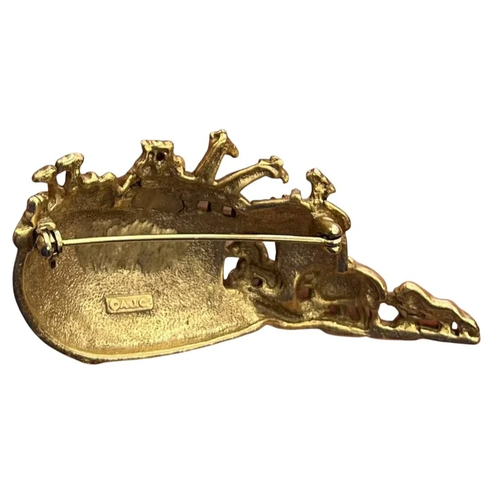 Vintage AJC Signed Noah's Ark 3D Animals Ship Gold Tone Brooch Pin